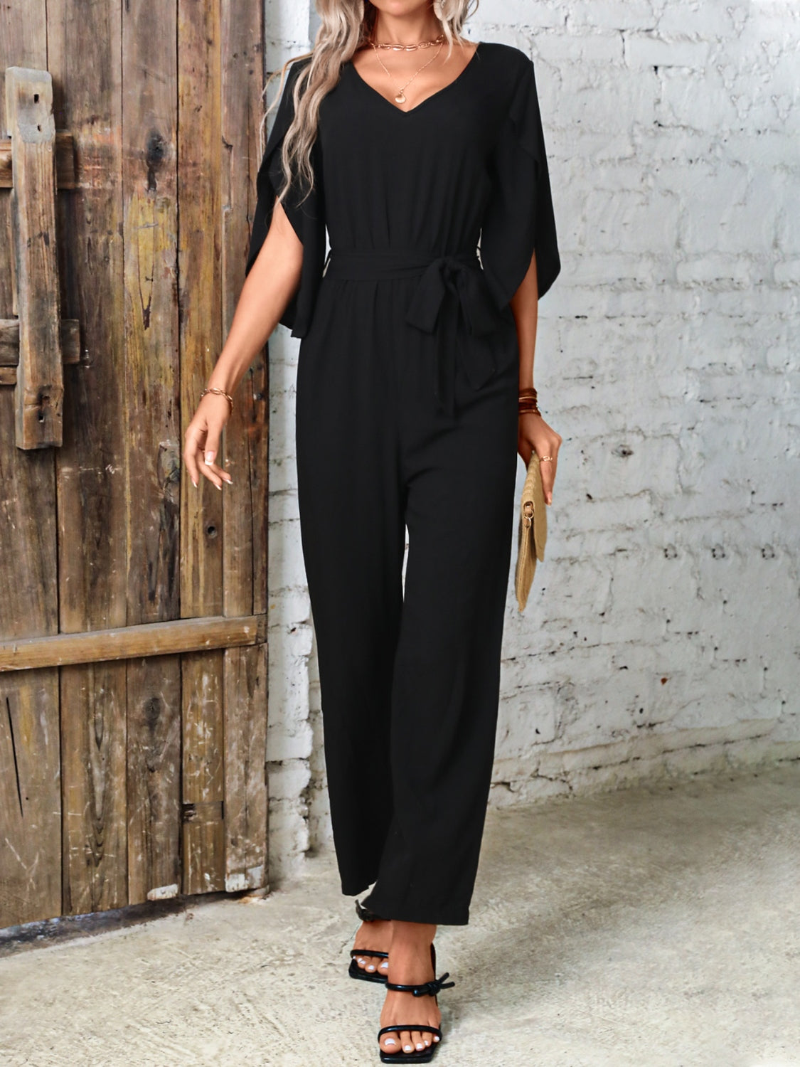 Tied V-Neck Half Sleeve Wide Leg Jumpsuit - Thandynie