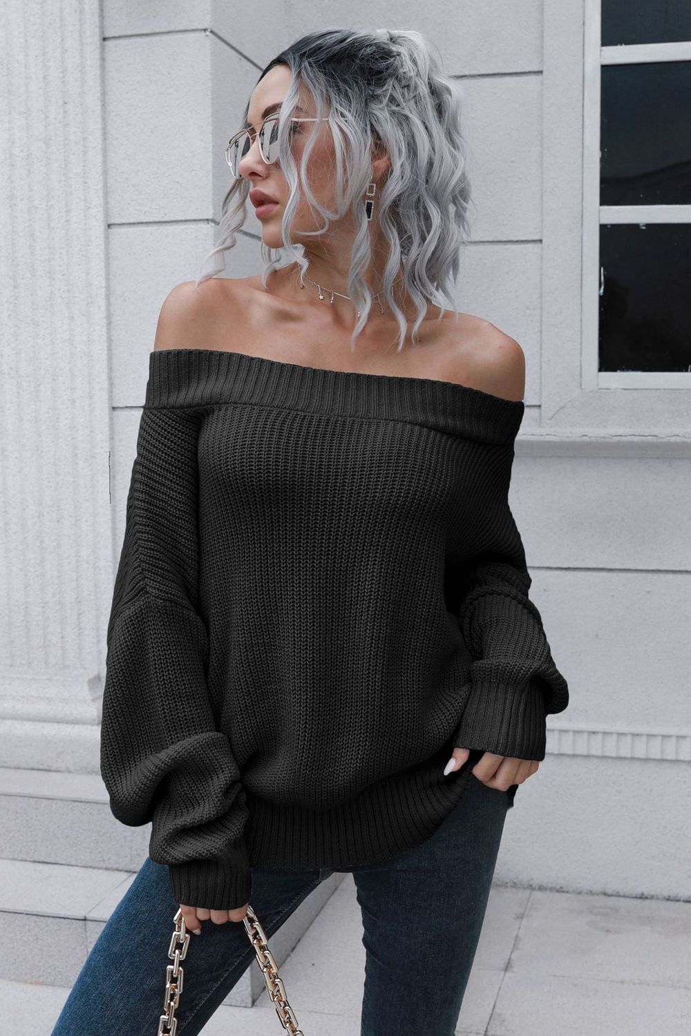 Off-Shoulder Ribbed Long Sleeve Pullover Sweater Black