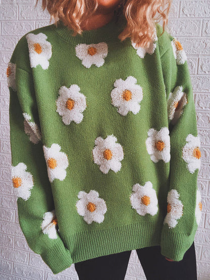 Flower Round Neck Long Sleeve Sweater Matcha Green