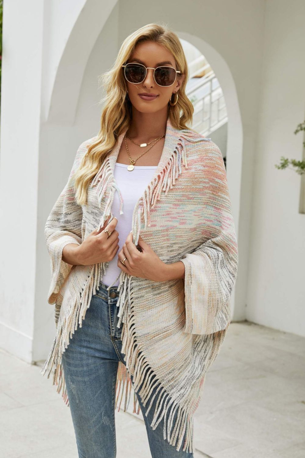 Multicolored Fringe Trim Poncho - Thandynie