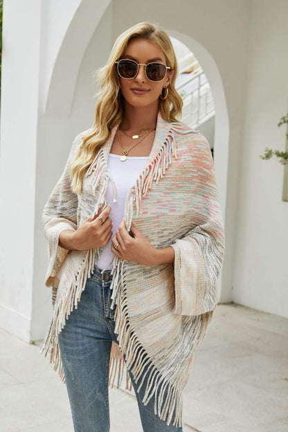 Multicolored Fringe Trim Poncho Tan One Size