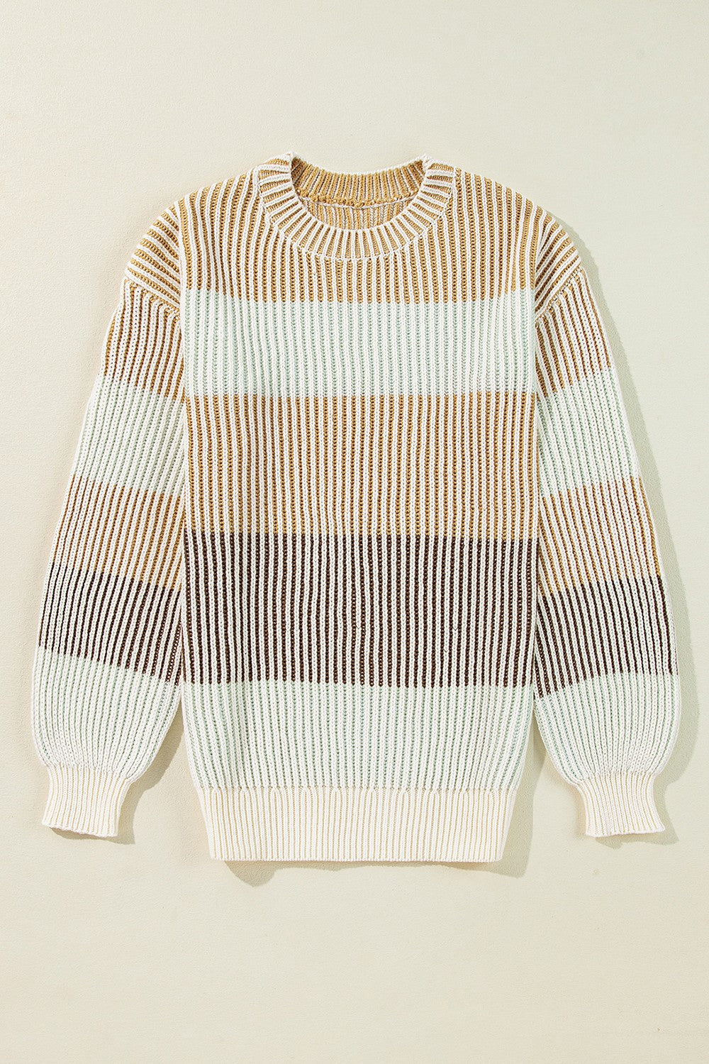 Striped Color Block Round Neck Long Sleeve Sweater Tan