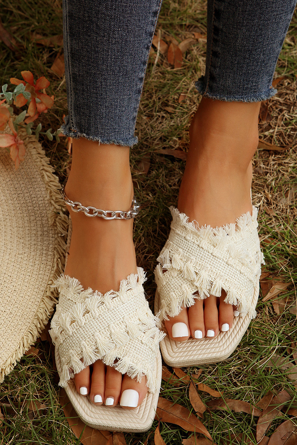 Beige Tassel Woven Crossed Straps Flat Slippers Beige