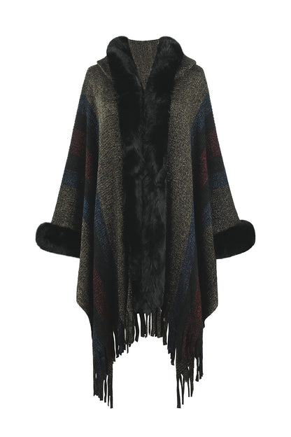 Color Block Fringe Detail Poncho Black One Size