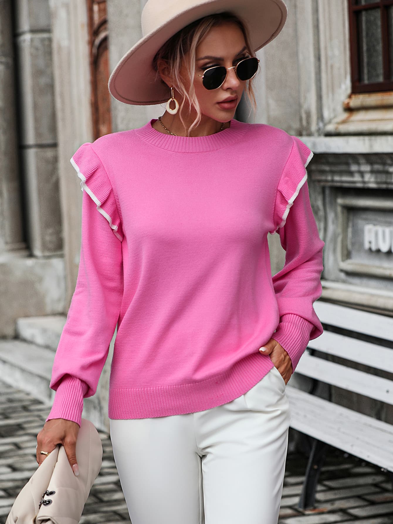 Round Neck Ruffle Trim Long Sleeve Pullover Sweater Pink