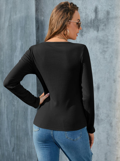 Buttoned Round Neck Long Sleeve T-Shirt