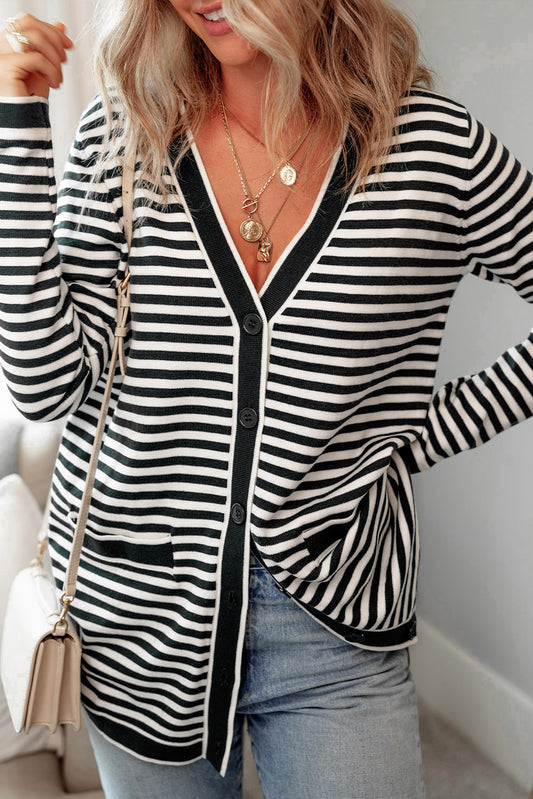 Black Stripe Long Sleeve Button up Tunic Cardigan Black Stripe 50%Viscose+28%Polyester+22%Polyamide