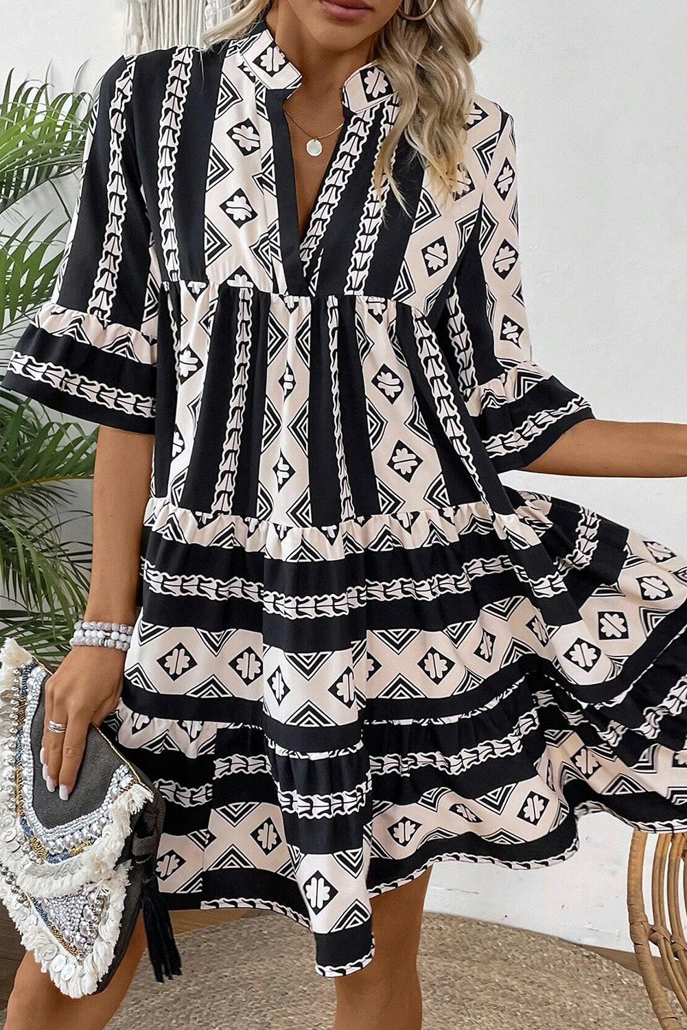 Black Geometric Print V Neck Ruffled Dress