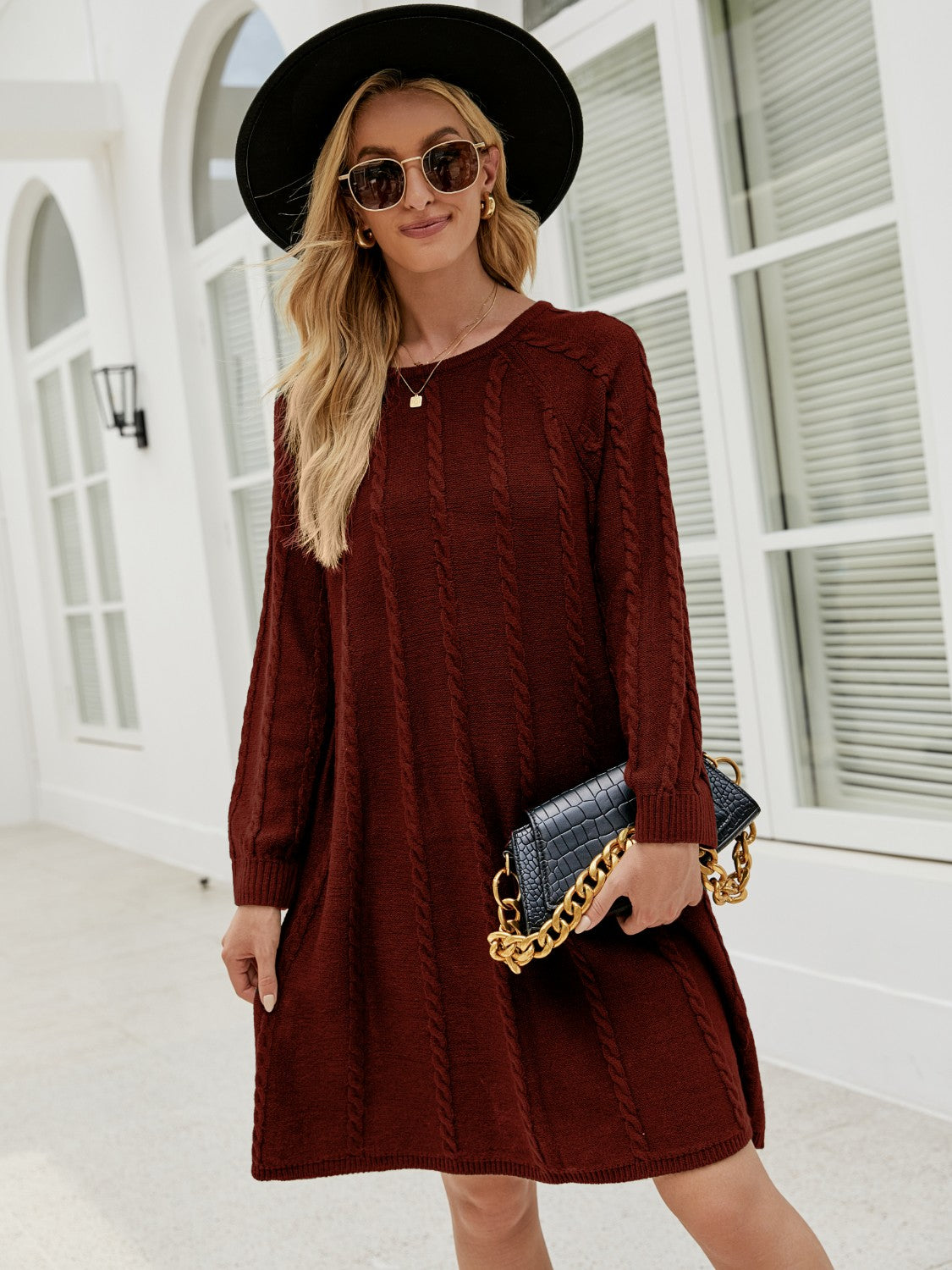 Cable-Knit Long Sleeve Sweater Dress Wine