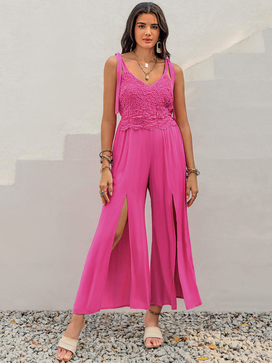 V-Neck Wide Strap Slit Jumpsuit Hot Pink