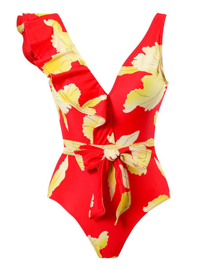 Tied Printed V-Neck Sleeveless One-Piece Swimwear Red