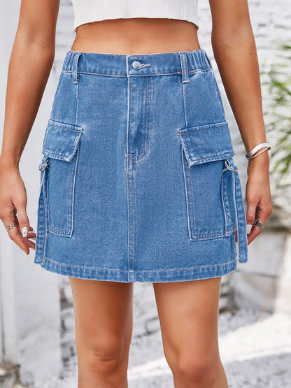 Pocketed Buttoned Denim Skirt Medium