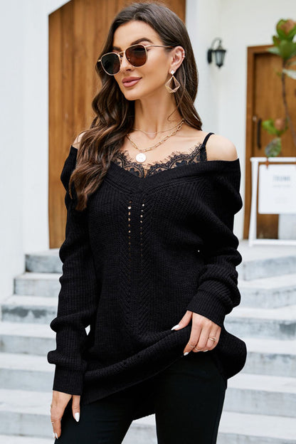 Openwork V-Neck Long Sleeve Sweater Black