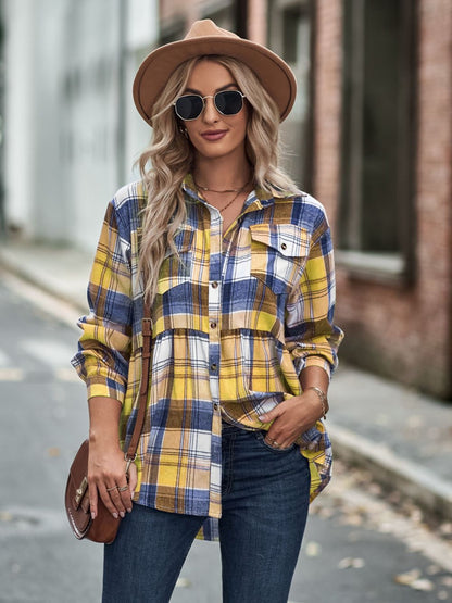 Plaid Button Up Dropped Shoulder Shirt Yellow