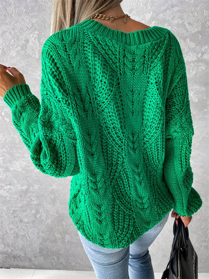 V-Neck Cable-Knit Long Sleeve Sweater