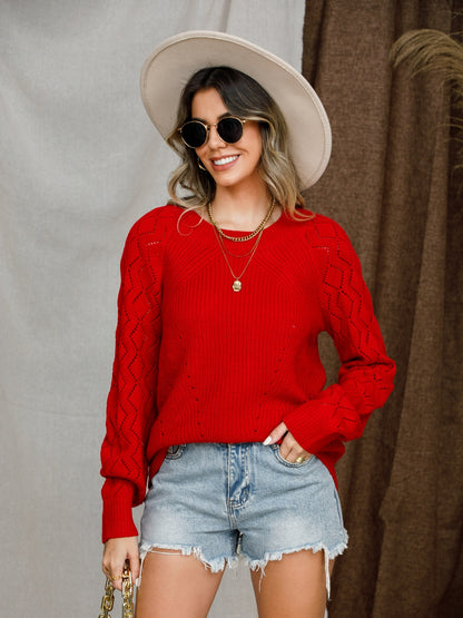 Openwork Round Neck Raglan Sleeve Sweater Deep Red