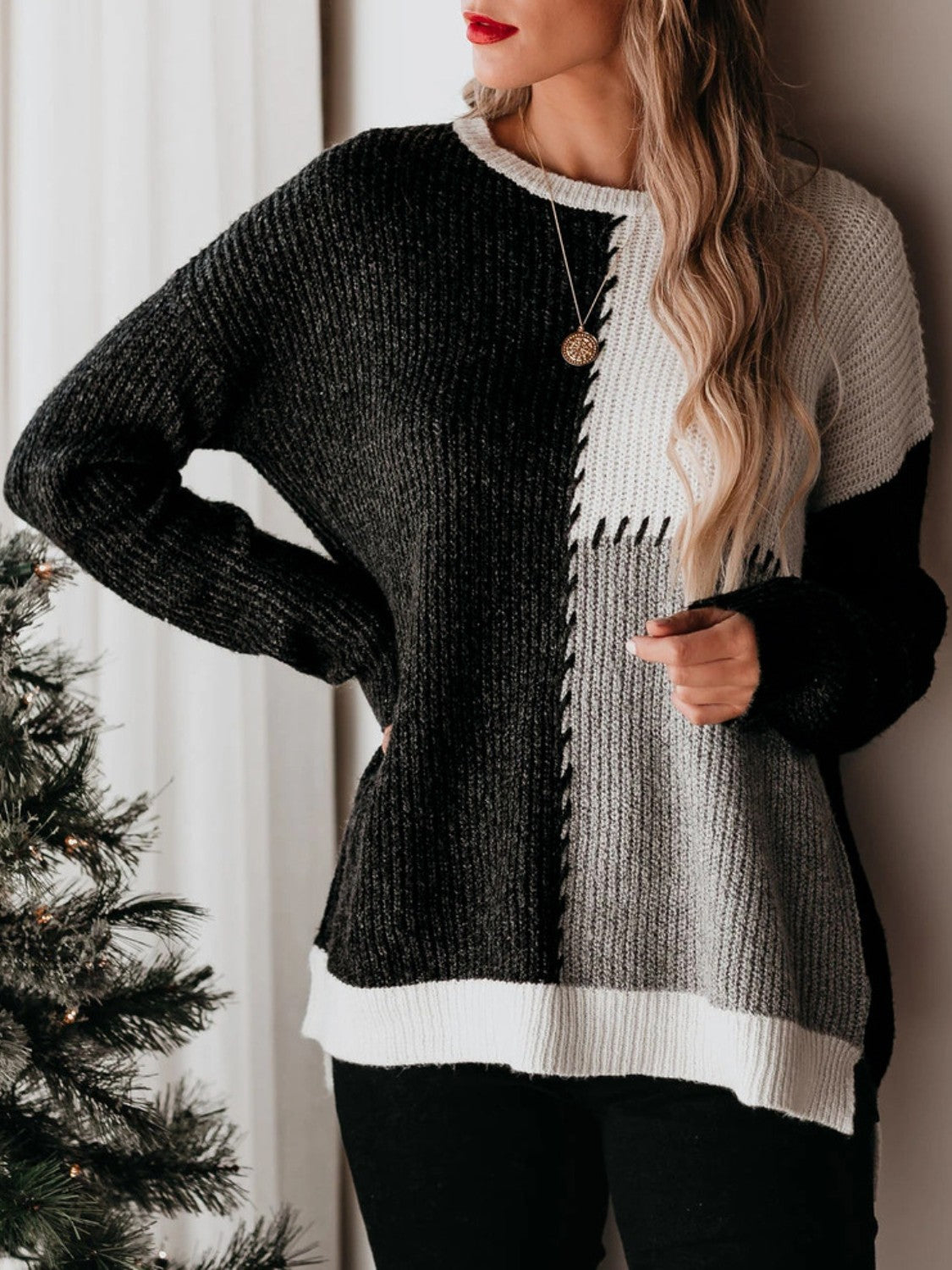 Color Block Round Neck Long Sleeve Sweater Black