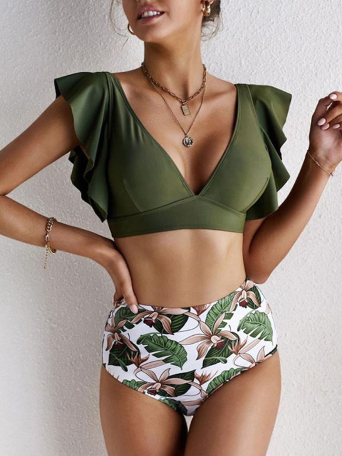 Ruffled Printed V-Neck Two-Piece Swim Set - Thandynie