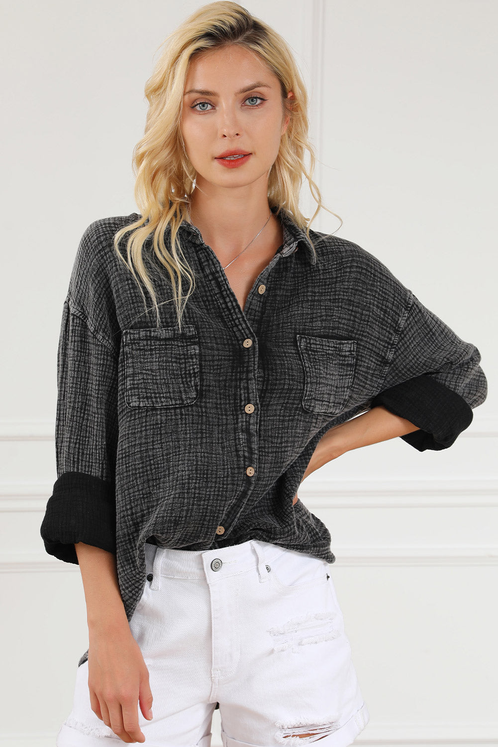 Mineral Wash Crinkle Textured Chest Pockets Shirt