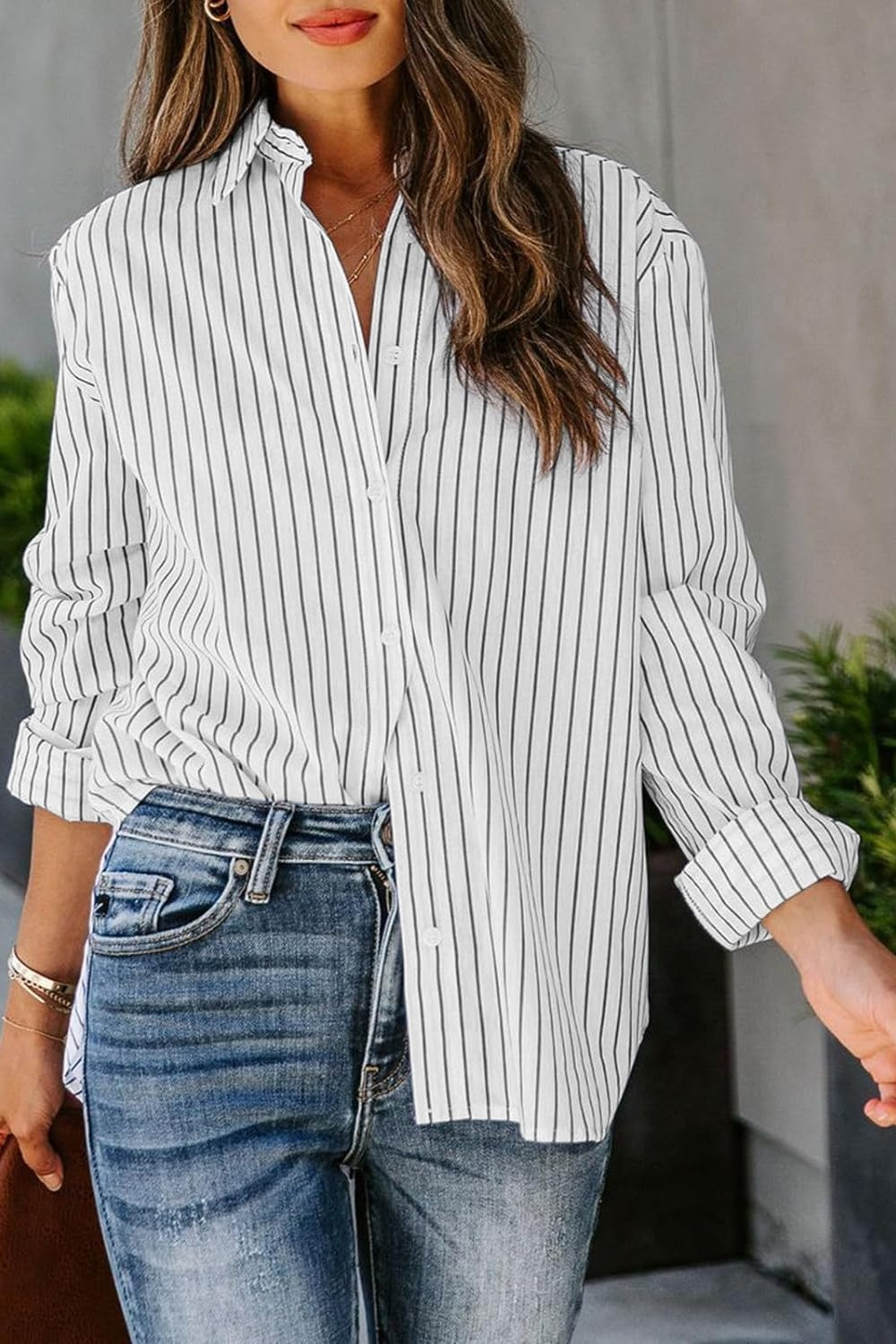 Striped Button Up Long Sleeve Shirt White