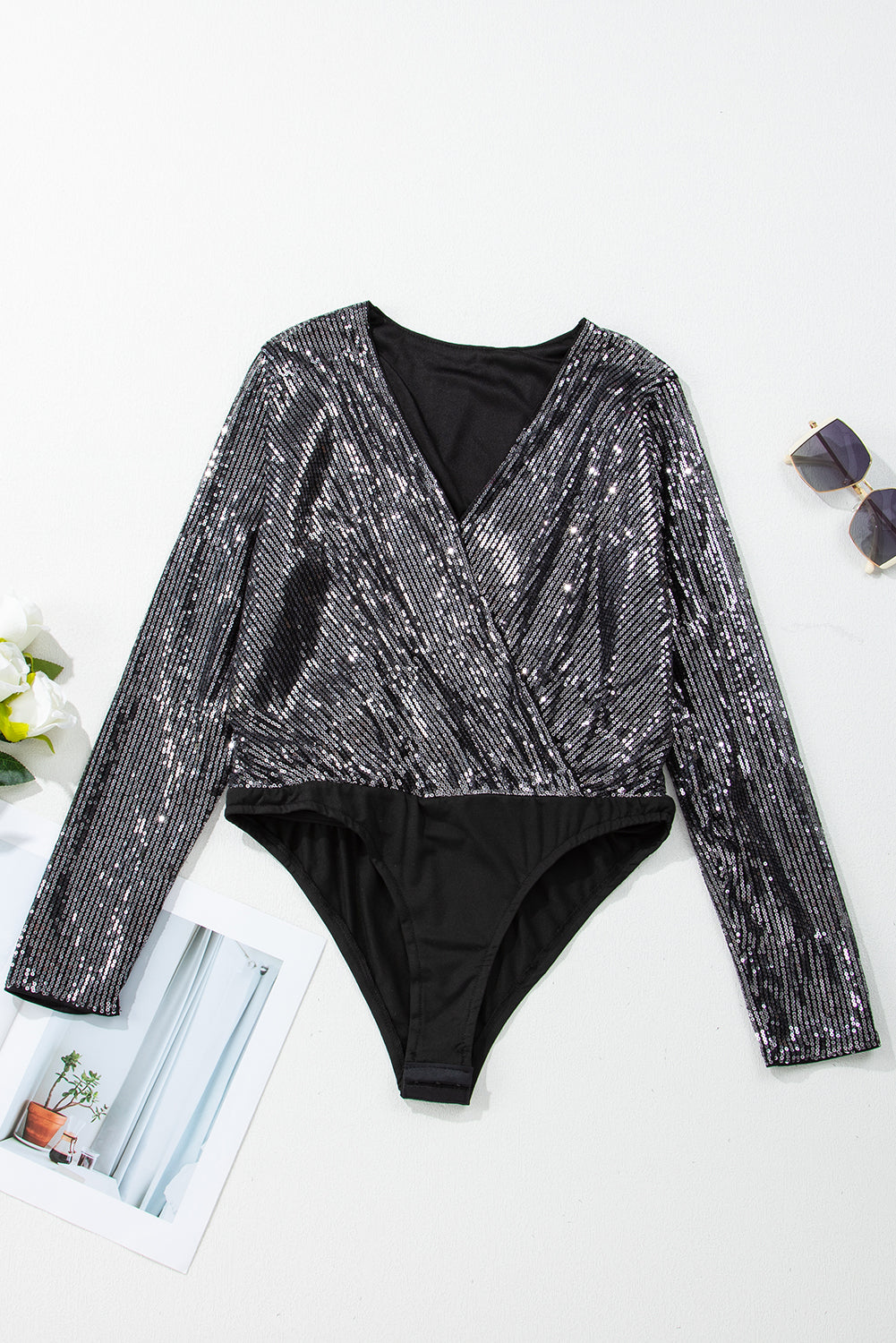 Black Sequin Mesh Long Sleeve Surplice Neck Bodysuit