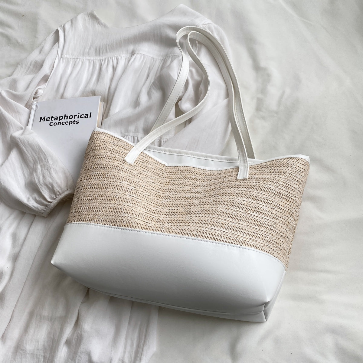 Straw Weave Leather Strap Tote Bag White One Size