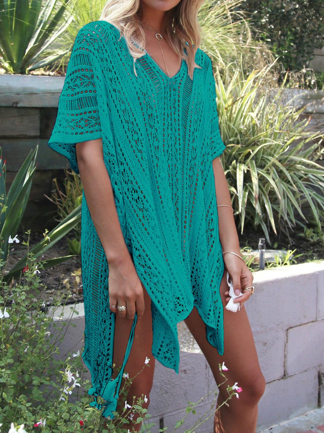 Cutout V-Neck Cover-Up with Tassel Teal One Size