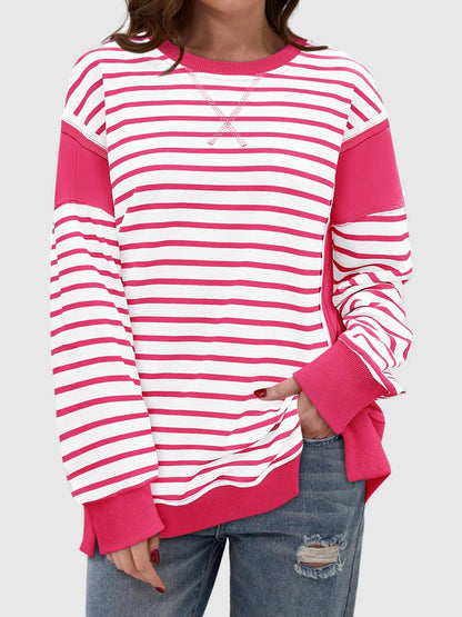 Slit Exposed Seam Striped Long Sleeve Sweatshirt