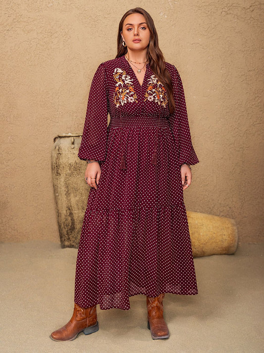 Plus Size Embroidered Polka Dot Tie Neck Long Sleeve Midi Dress Burgundy