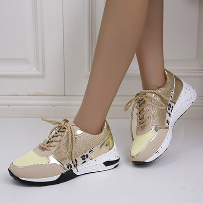 Lace-Up Round Toe Platform Sneakers Gold