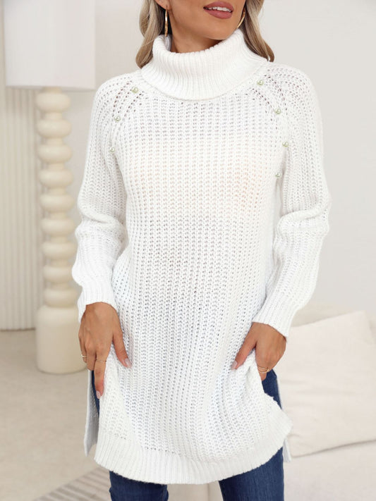 Slit Turtleneck Long Sleeve Sweater White