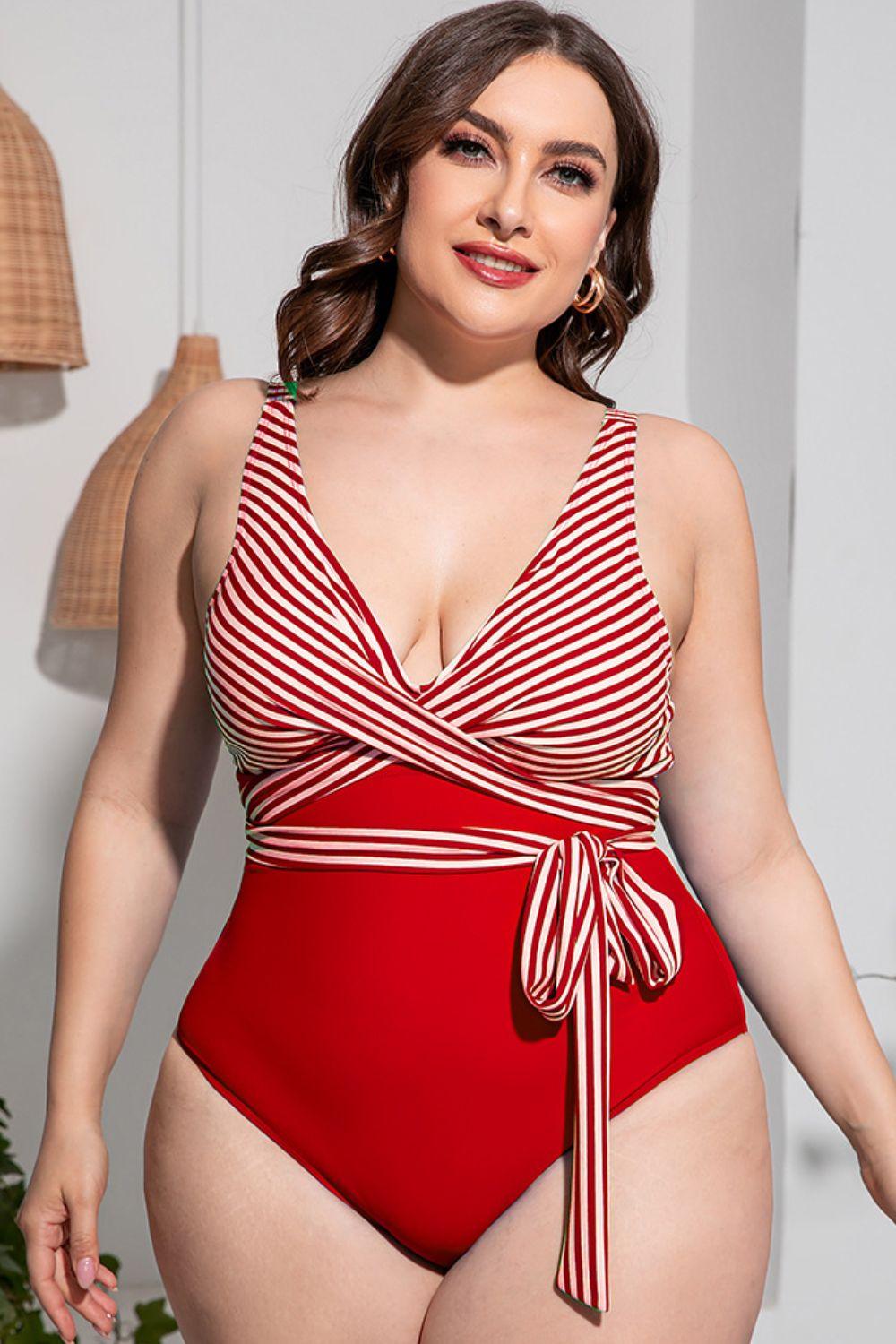 Plus Size Striped Tie-Waist One-Piece Swimsuit Red