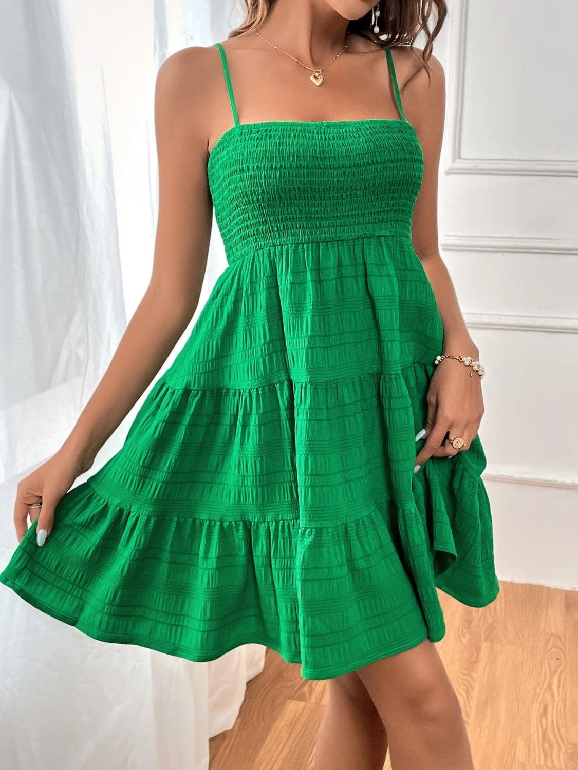 Smocked Tiered Sleeveless Mini Dress - 100% Polyester, Opaque, Chic Summer Style Green