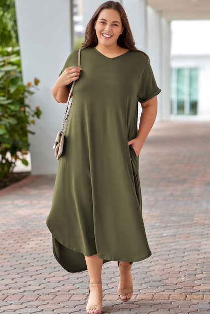 Green Plus Size V Neck Rolled Cuffs Maxi Dress Green 65%Polyester+30%Viscose+5%Elastane