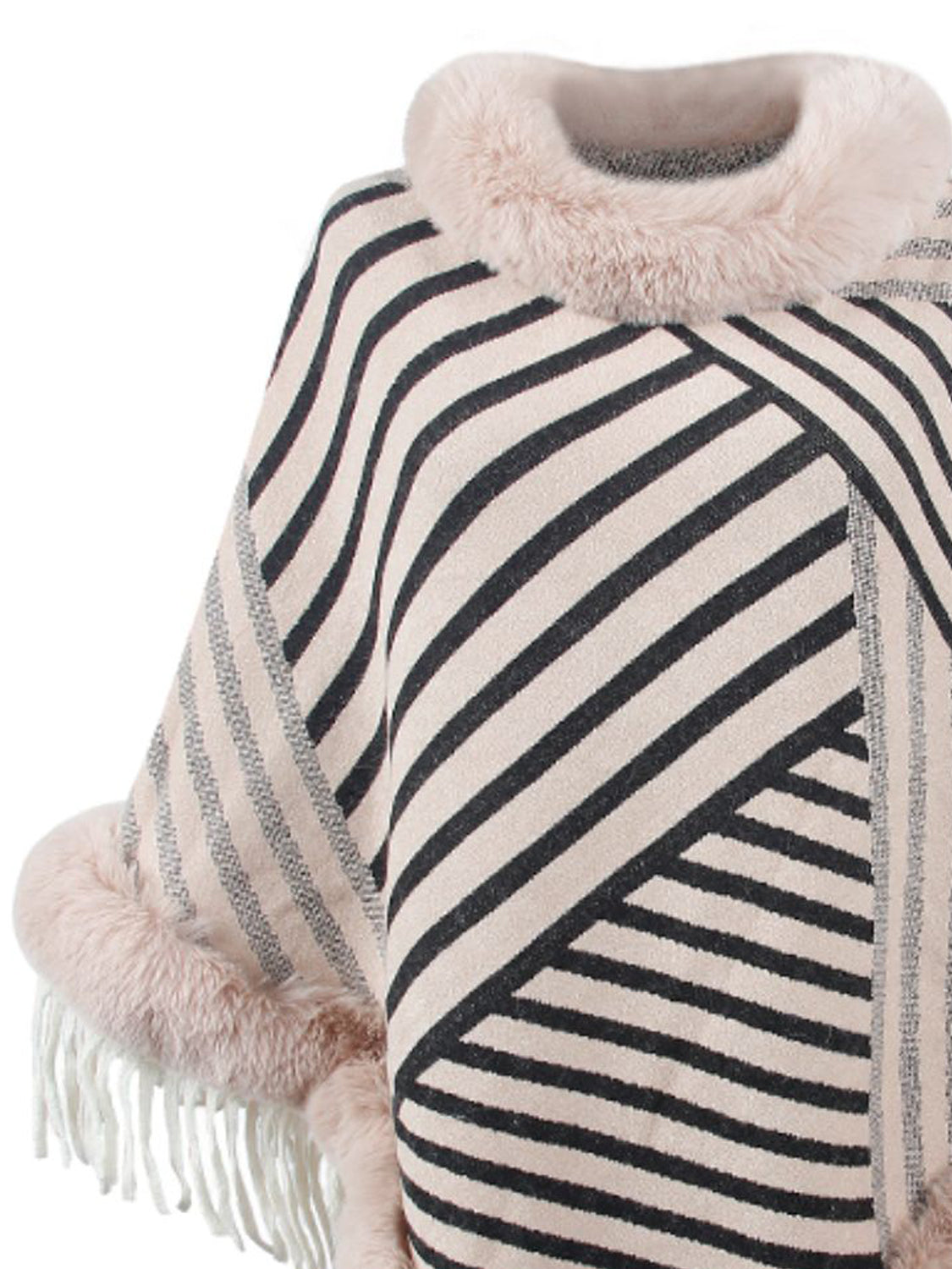 Striped Fringe Hem Poncho - Thandynie