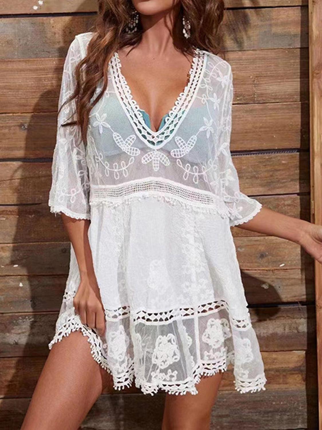 Lace Detail Plunge Cover-Up Dress White One Size