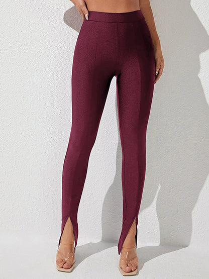 High Waist Slit Skinny Pants Wine