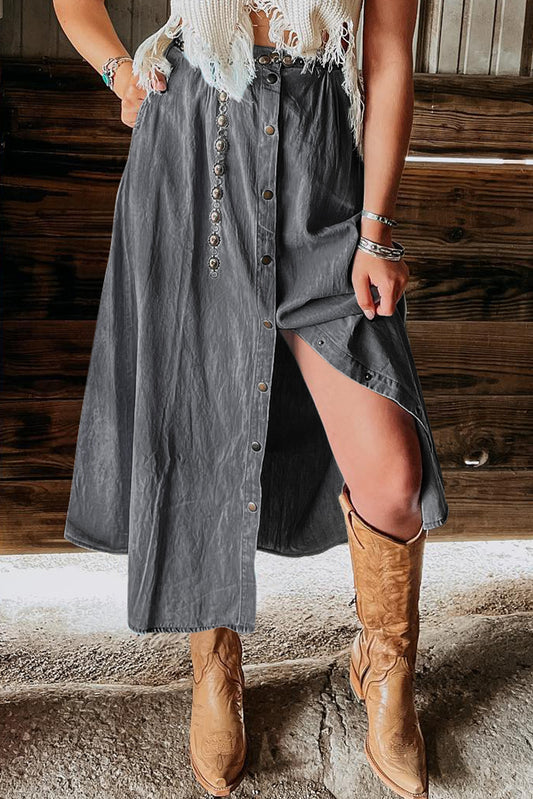 Dark Grey Fully Buttoned Long Denim Skirt Dark Grey 100%Lyocell