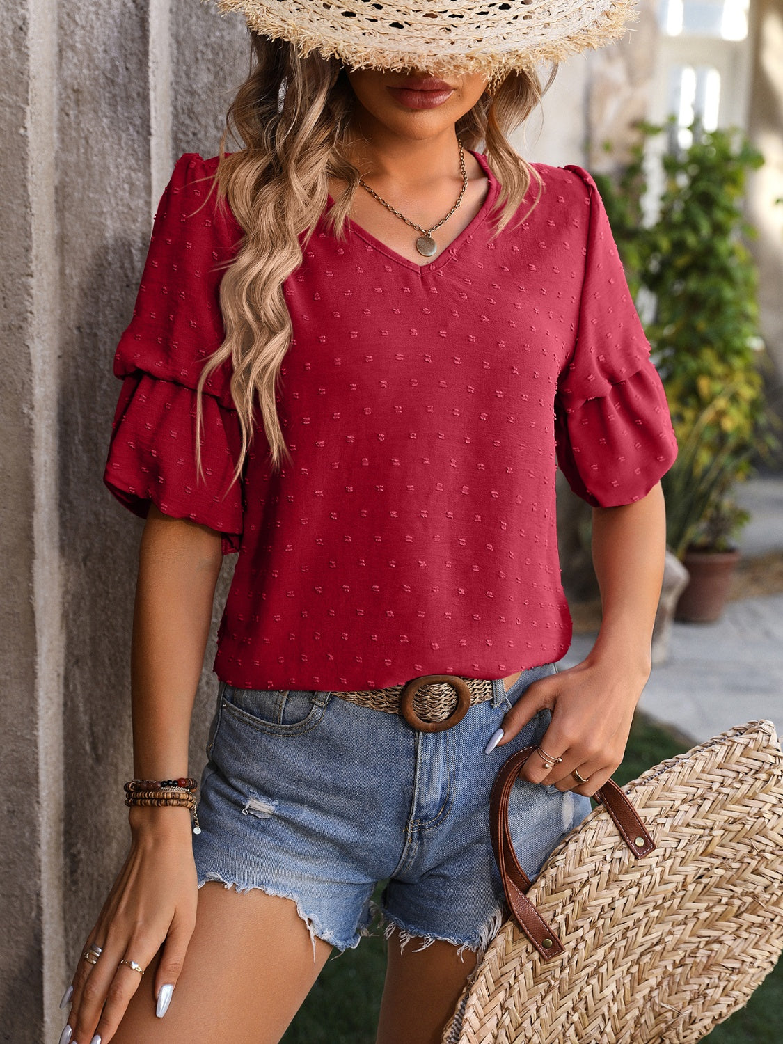 Swiss Dot V-Neck Short Sleeve Blouse Burgundy