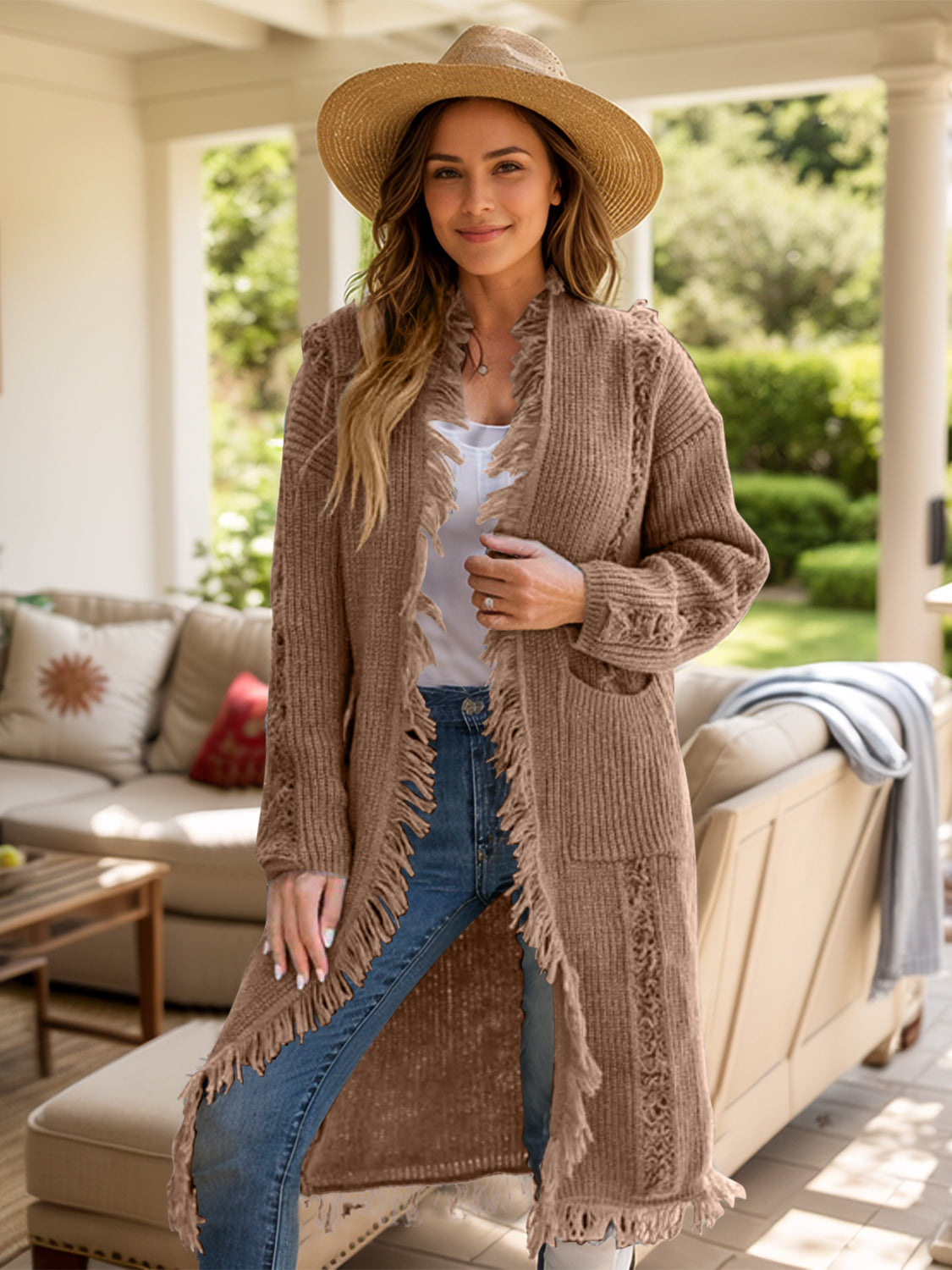 Fringe Open Front Long Sleeve Cardigan Camel One Size