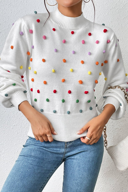 Pom-Pom Trim Mock Neck Long Sleeve Pullover Sweater