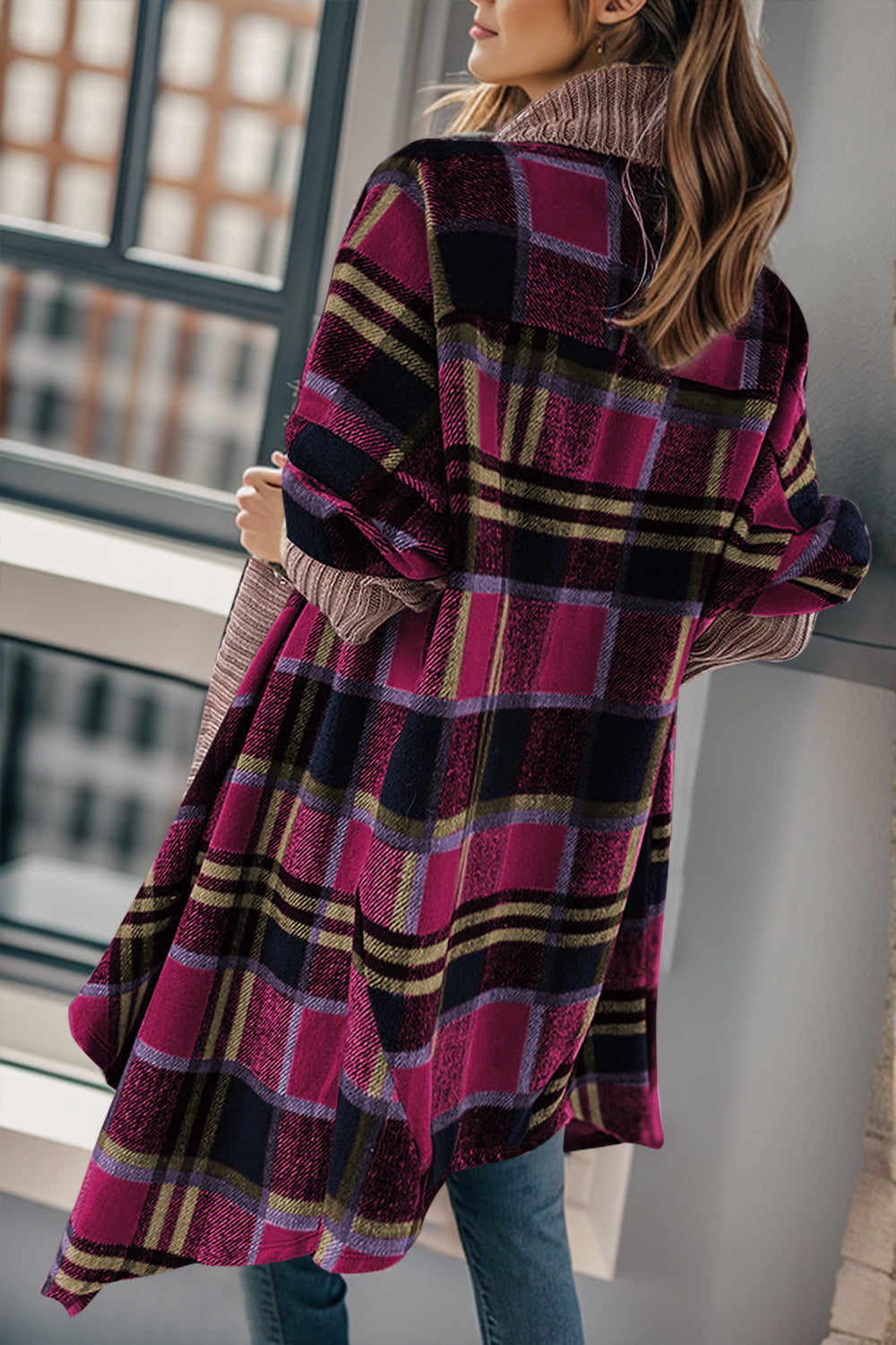 Plaid Open Front Long Sleeve Cardigan - Thandynie