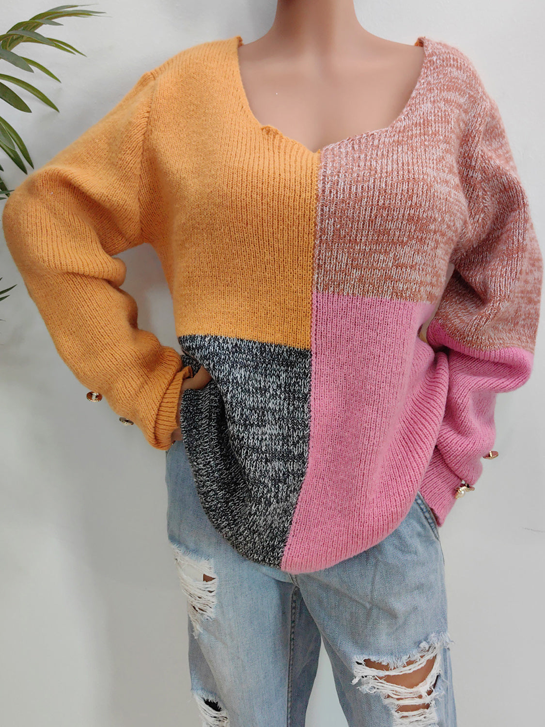 Color Block Decorative Button Long Sleeve Sweater Sherbet