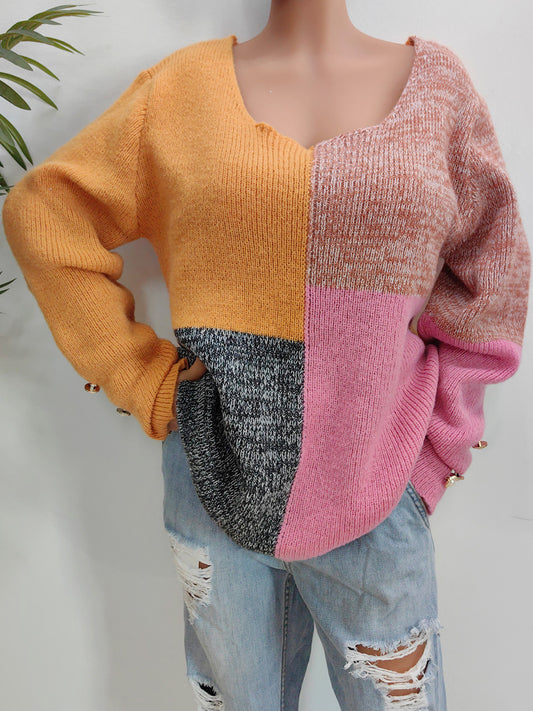 Color Block Decorative Button Long Sleeve Sweater Sherbet