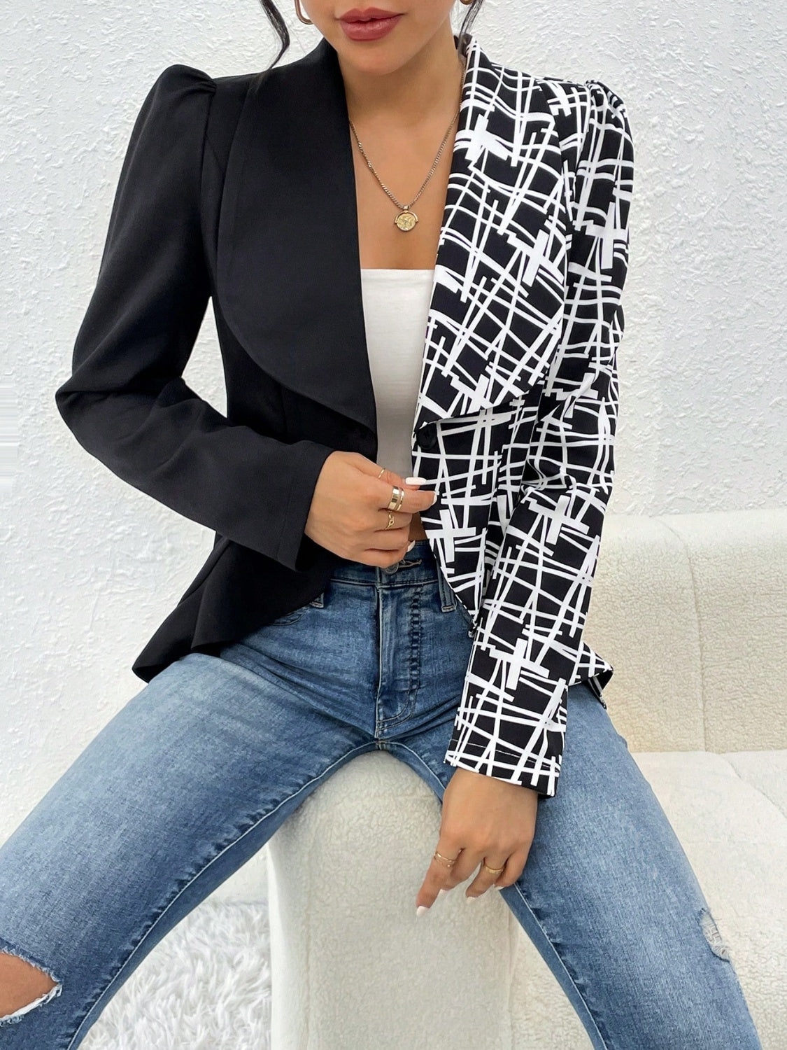 Printed Collared Neck Long Sleeve Blazer - Thandynie