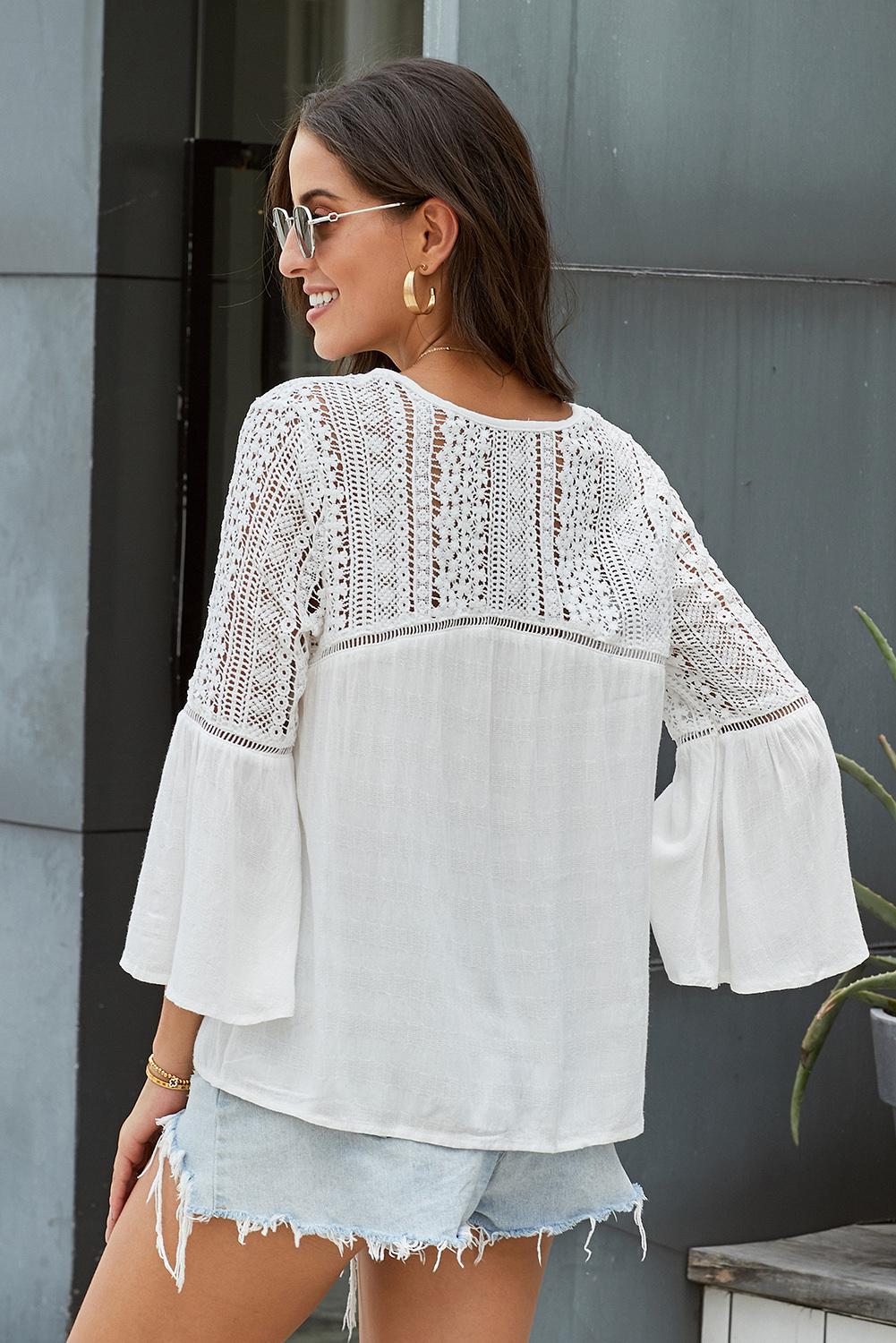 Flare Sleeve Spliced Lace V-Neck Shirt