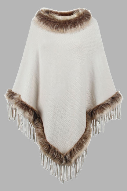 Faux Fur Trim Fringed Poncho Ivory One Size