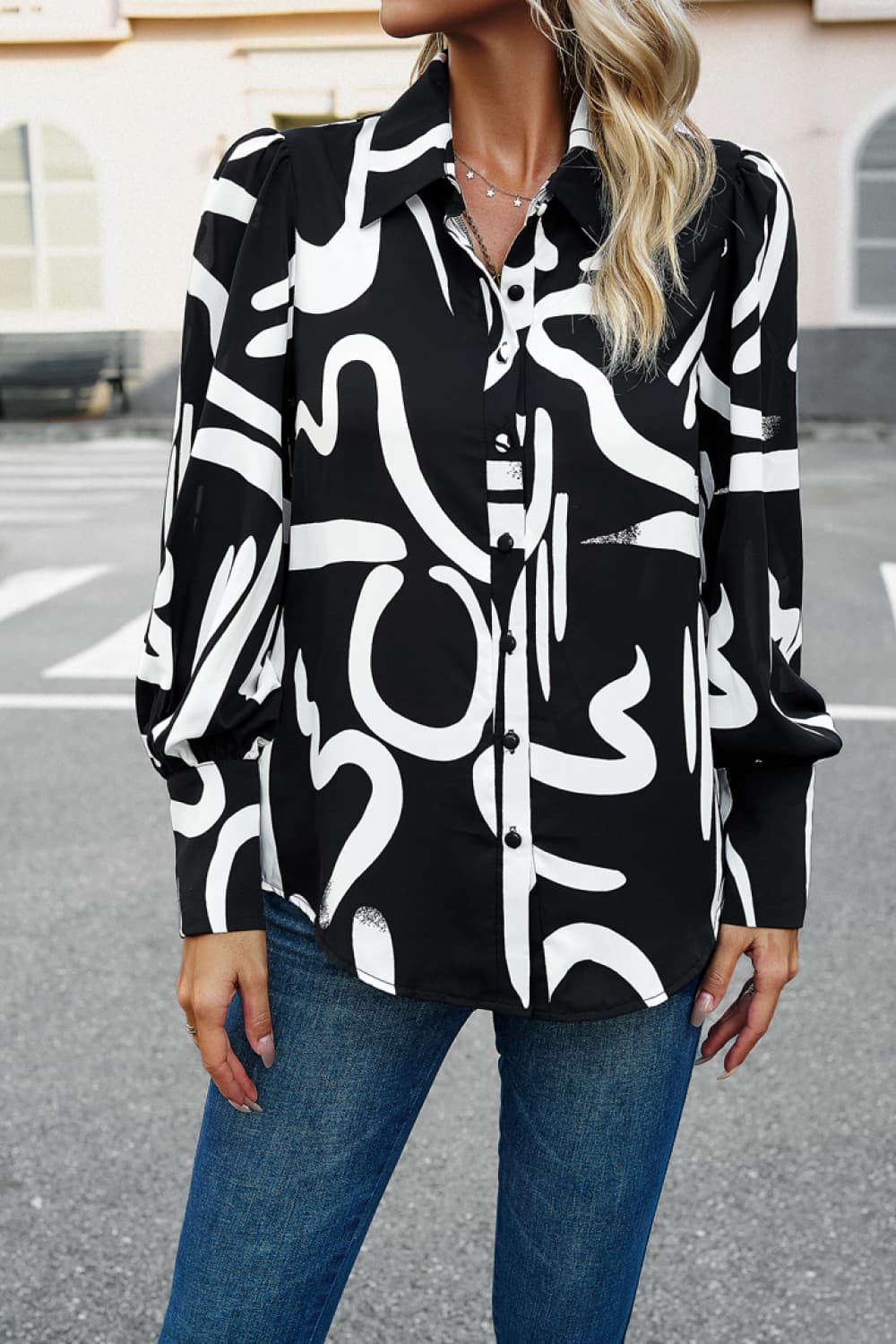 Printed Lantern Sleeve Shirt Black