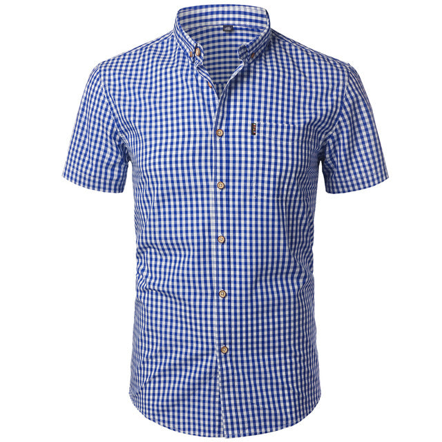 Men's Short Sleeve Small Plaid Shirt | Summer Casual Cotton-Blend Button-Down Dress Shirt Blue