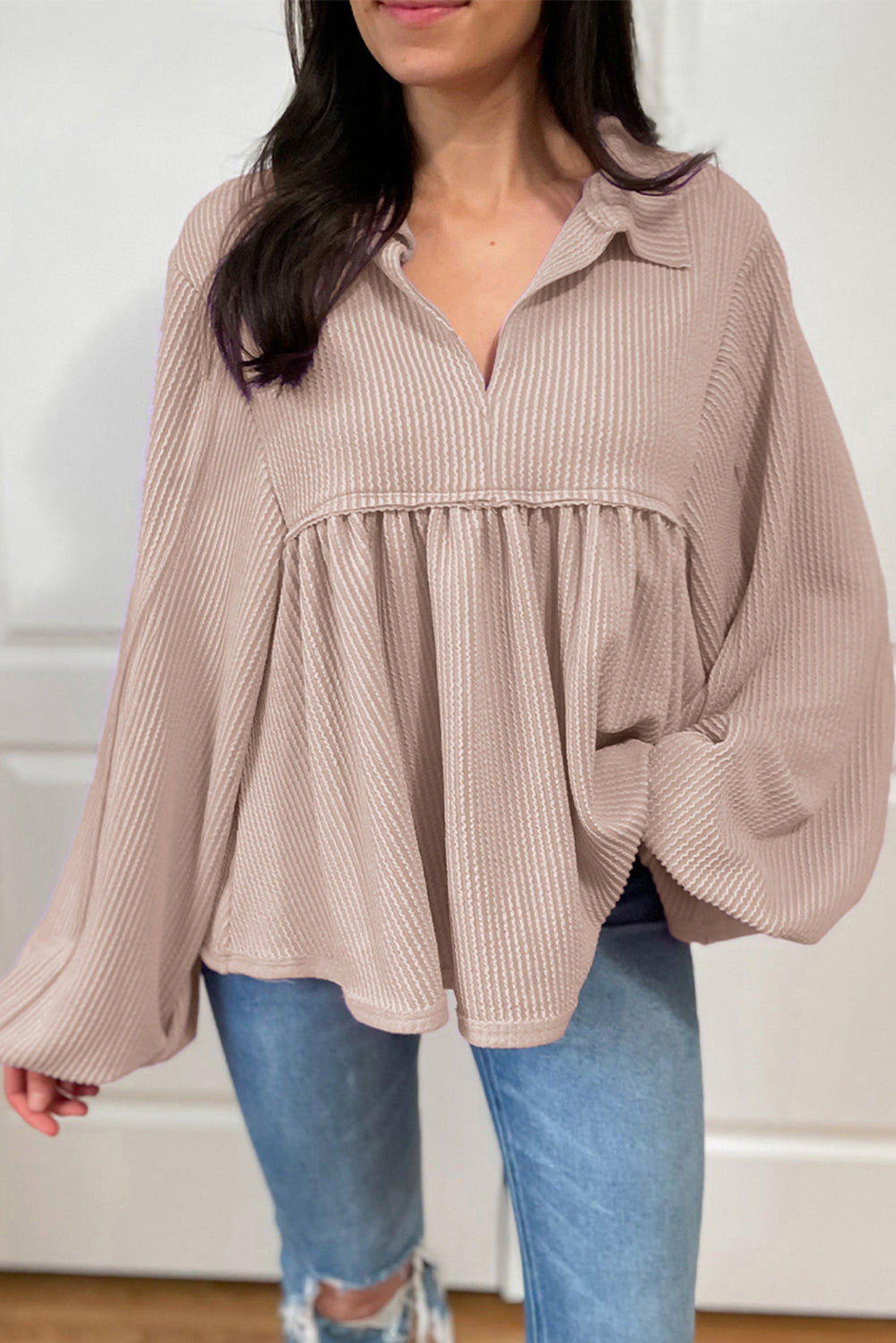 Parchment Corded Turn-down V Neck Bubble Sleeve Babydoll Blouse